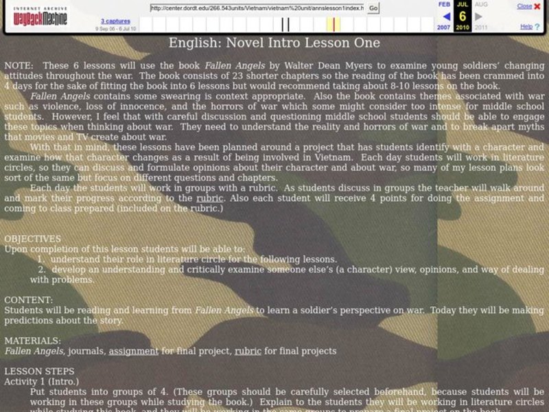 English Novel:  Fallen Angels Lesson Plan