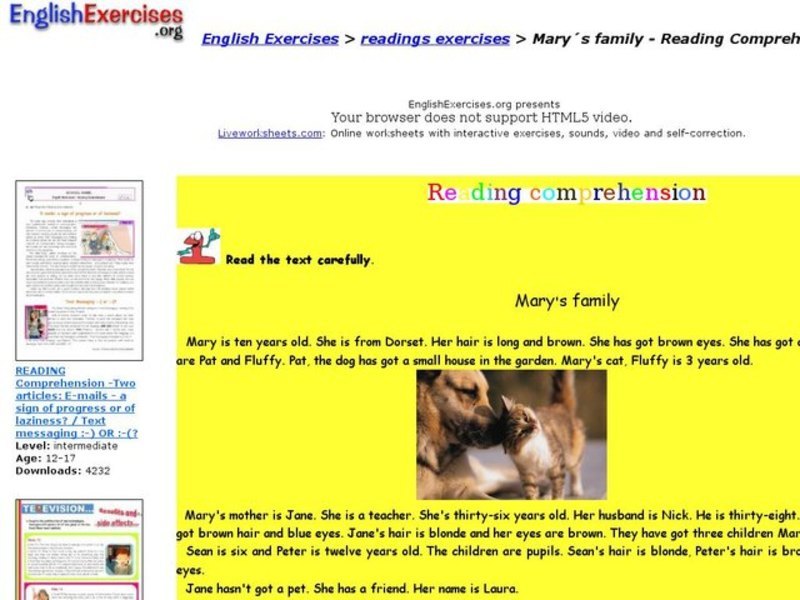 Mary's Family: reading comprehension Interactive