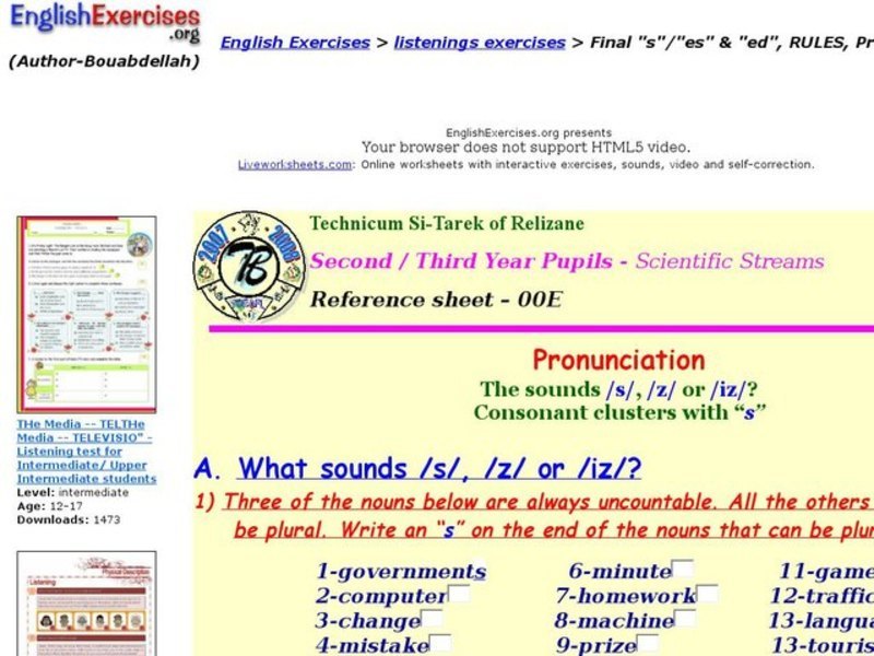 Pronunciation: The Sounds /s/, /z/ or, /iz/? Consonant Clusters with "s" Interactive