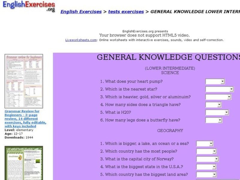 General Knowledge Questions- All School Subjects Lower Intermediate Interactive