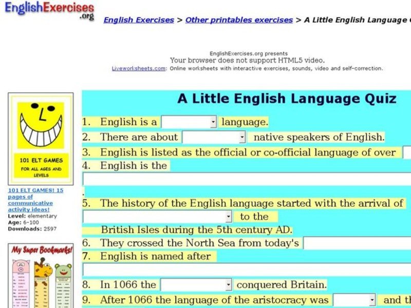 English Language Quiz Interactive