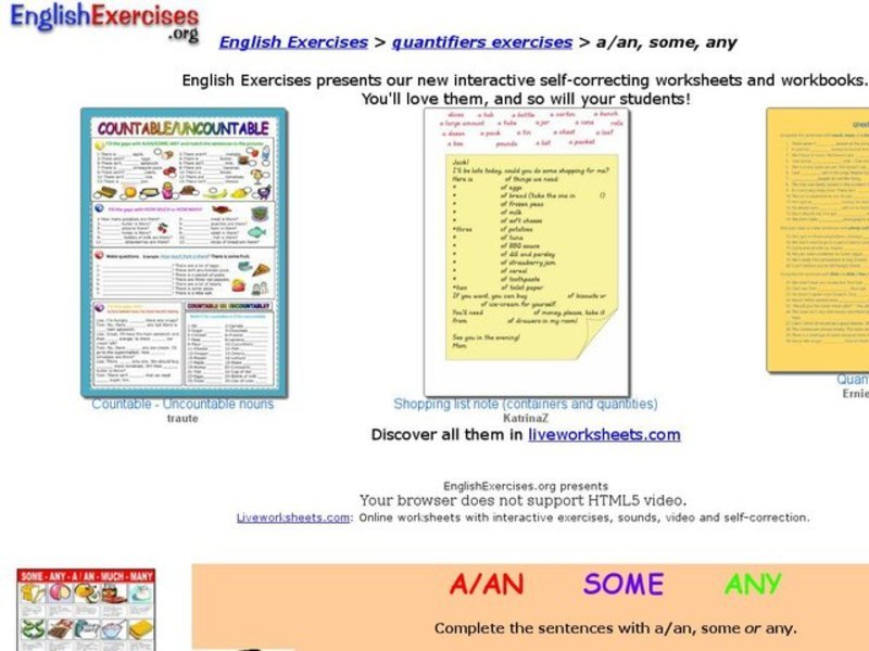 Quantifiers Exercises- a/an, Some, Any Interactive