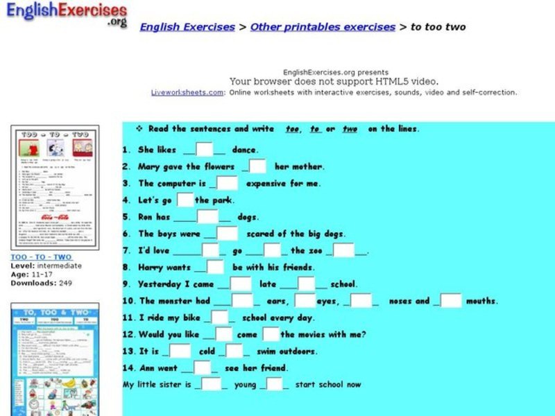 English Exercises : To, Too, and Two Interactive