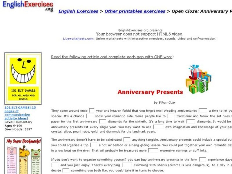 English Exercises: Cloze Exercise Interactive
