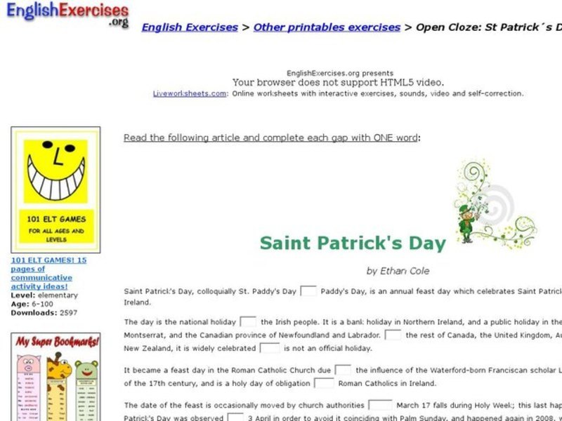 Saint Patrick's Day - Cloze Activity Interactive