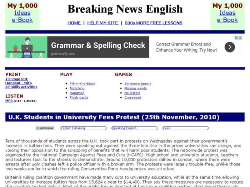 Breaking News English: University Fees Interactive