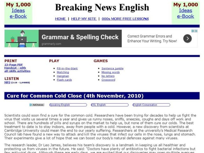 Breaking News English: Common Cold Interactive