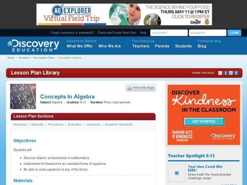 Concepts in Algebra Lesson Plan