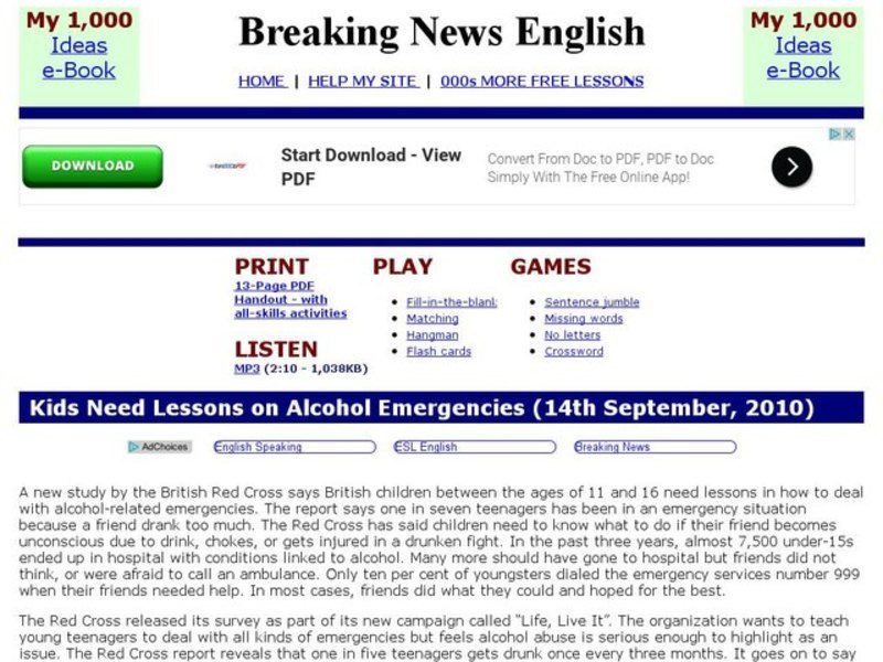 Breaking News English: Kids and Alcohol Interactive