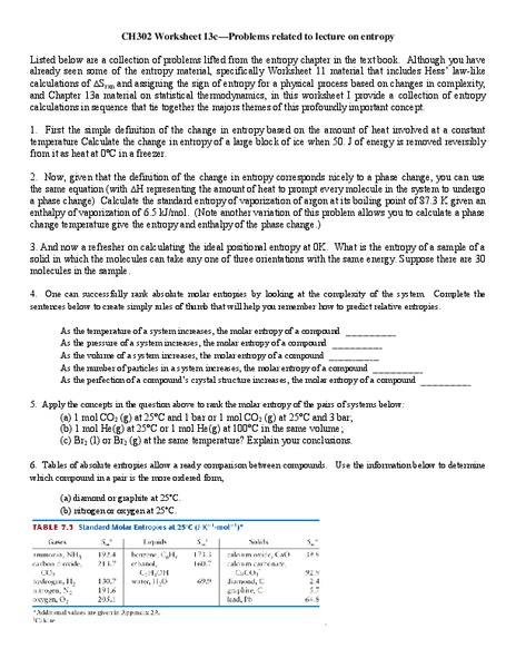 Entropy Worksheet