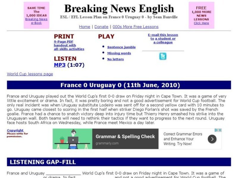 Breaking News English: World Cup - France and Uruguay Interactive