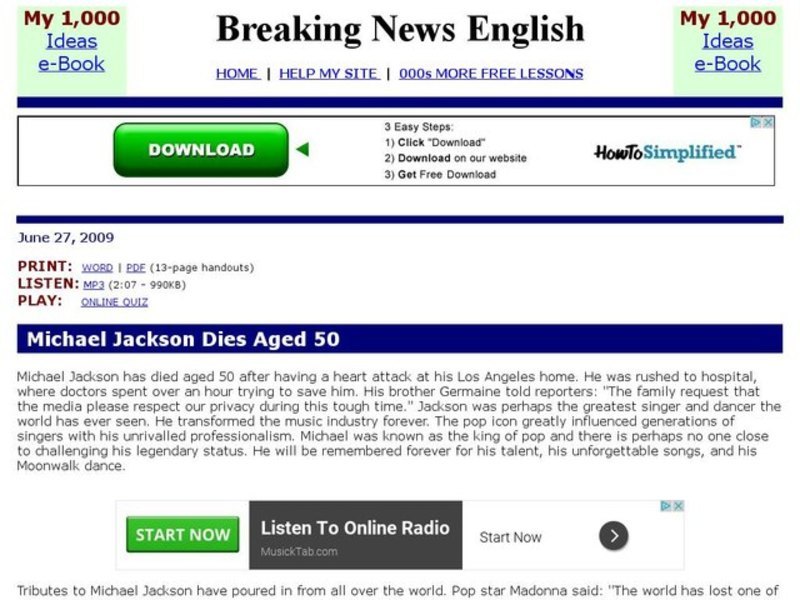Breaking News English: Michael Jackson Interactive