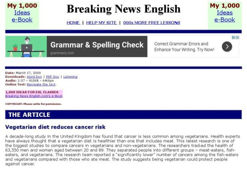 Breaking News English: Vegetarianism and Cancer Interactive
