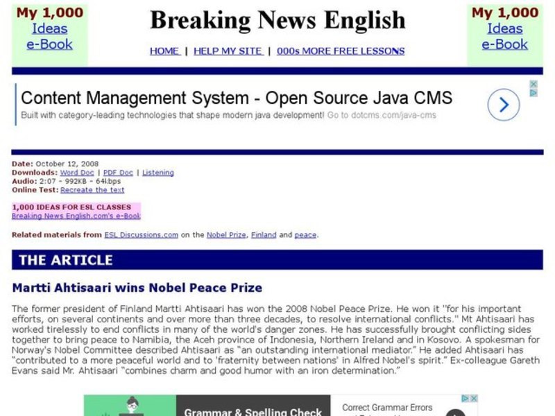 Breaking News English: Martti Ahtisaari's Nobel Peace Prize Interactive