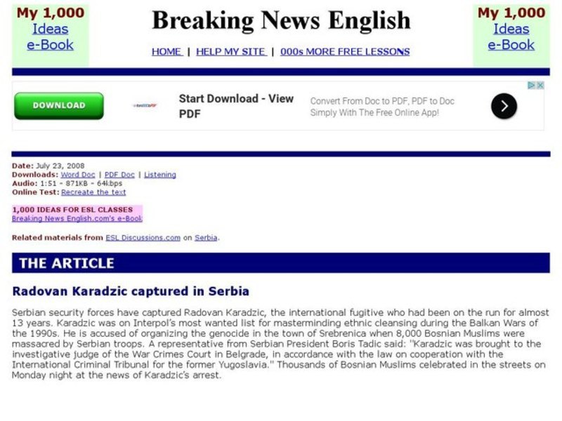 Breaking News English: capture of Rodovan Karadzic Interactive
