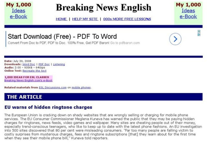 Breaking News English: Mobile Phone Charges for Ringtones Interactive