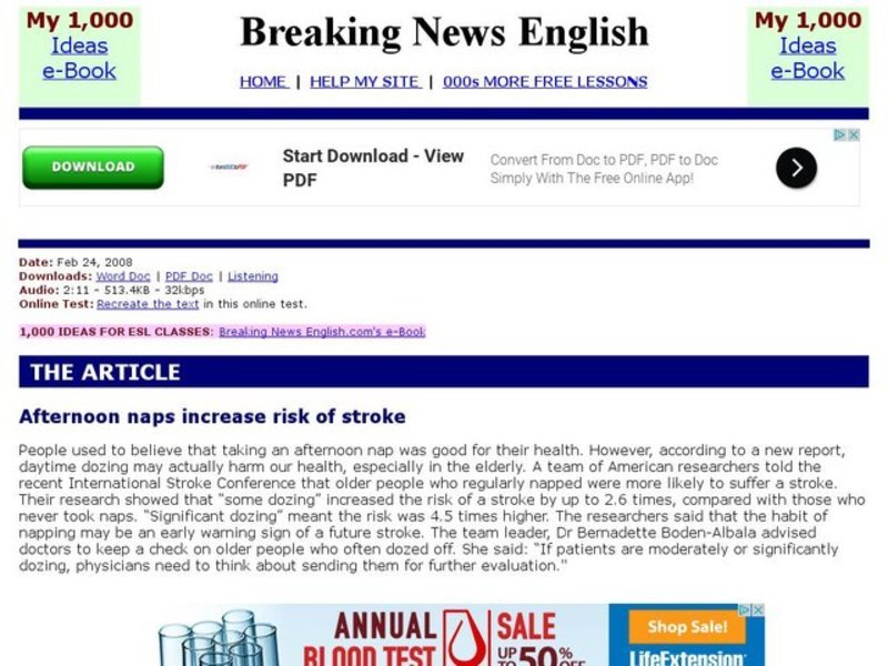 Breaking News English: afternoon naps Interactive
