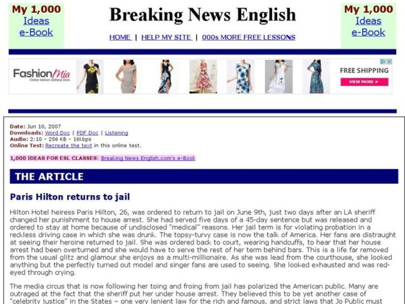 Breaking News English: Paris Hilton Interactive