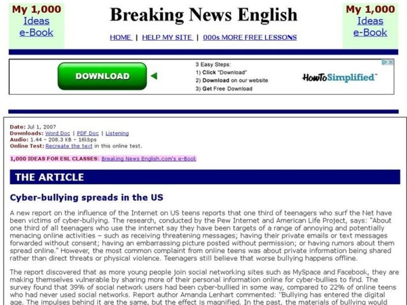 Breaking News English: Online Bullying Interactive