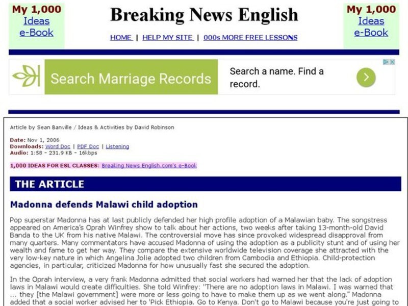 Breaking News English: Madonna's Adoption in Malawi Interactive