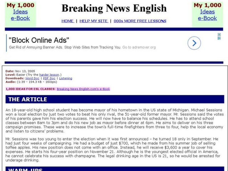 Breaking News English: Teenage U.S. Mayor Interactive