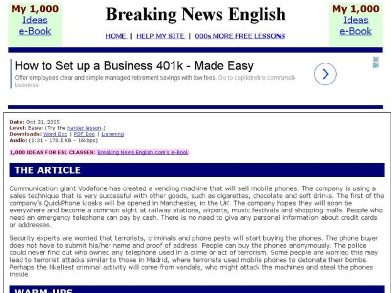 ESL/ELL Activities - "Vodofone's Vending Machine Mobile Phones" Interactive