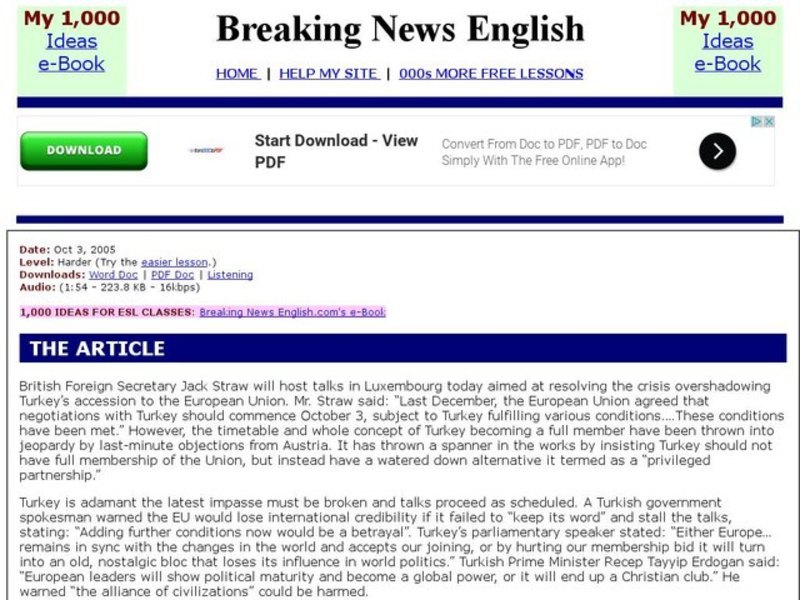 Breaking News English: Turkey and EU Interactive