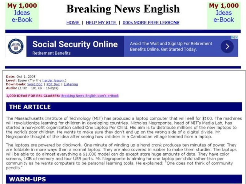 Breaking News English: One Hundred Dollar Laptop Computer Interactive