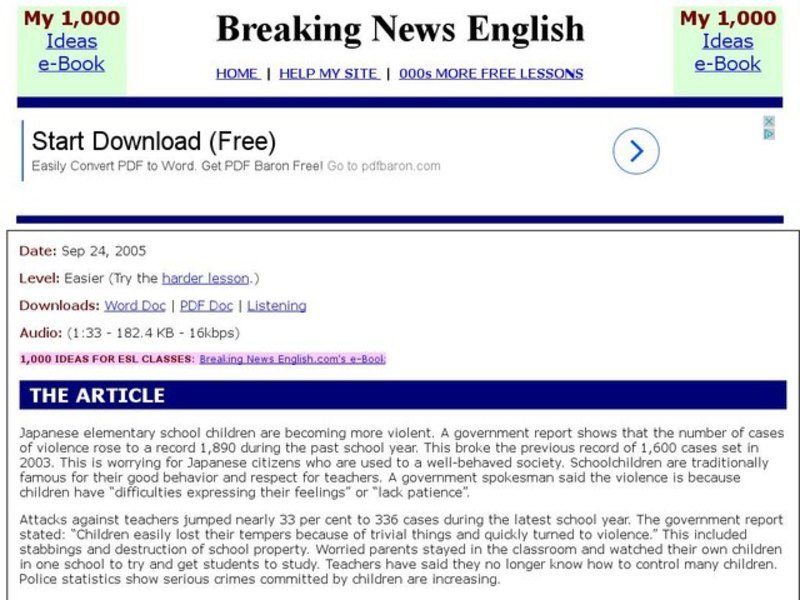 Breaking News English: Violence In Japan's Elementary Schools Interactive