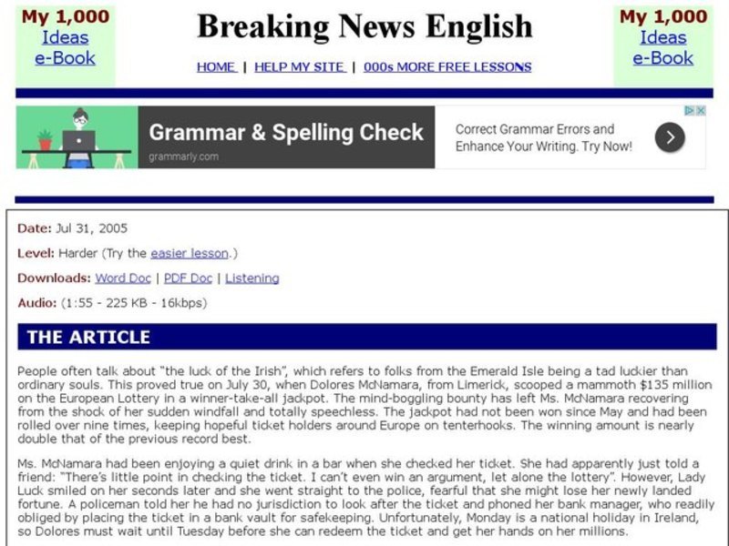 Breaking News English: Lottery Win Interactive