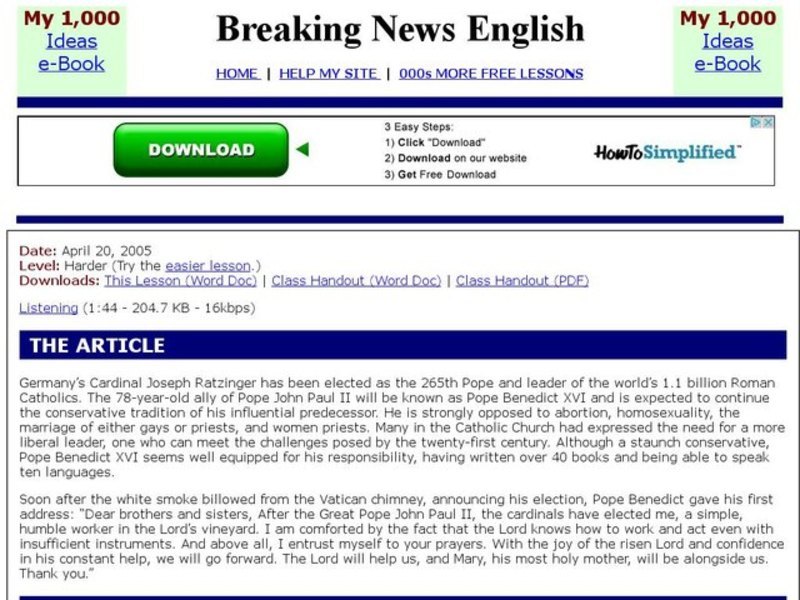 Breaking News English: Pop Benedict XVI Interactive