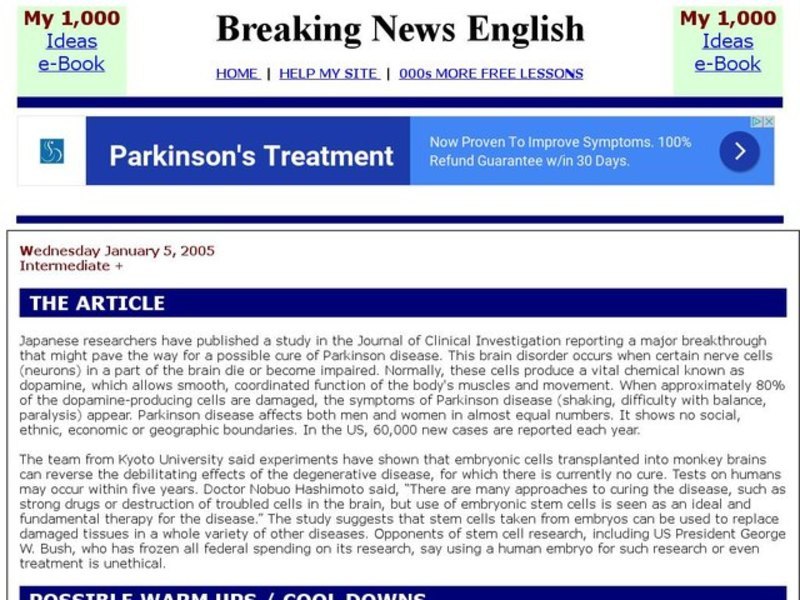Breaking News English: Parkinson Disease Interactive