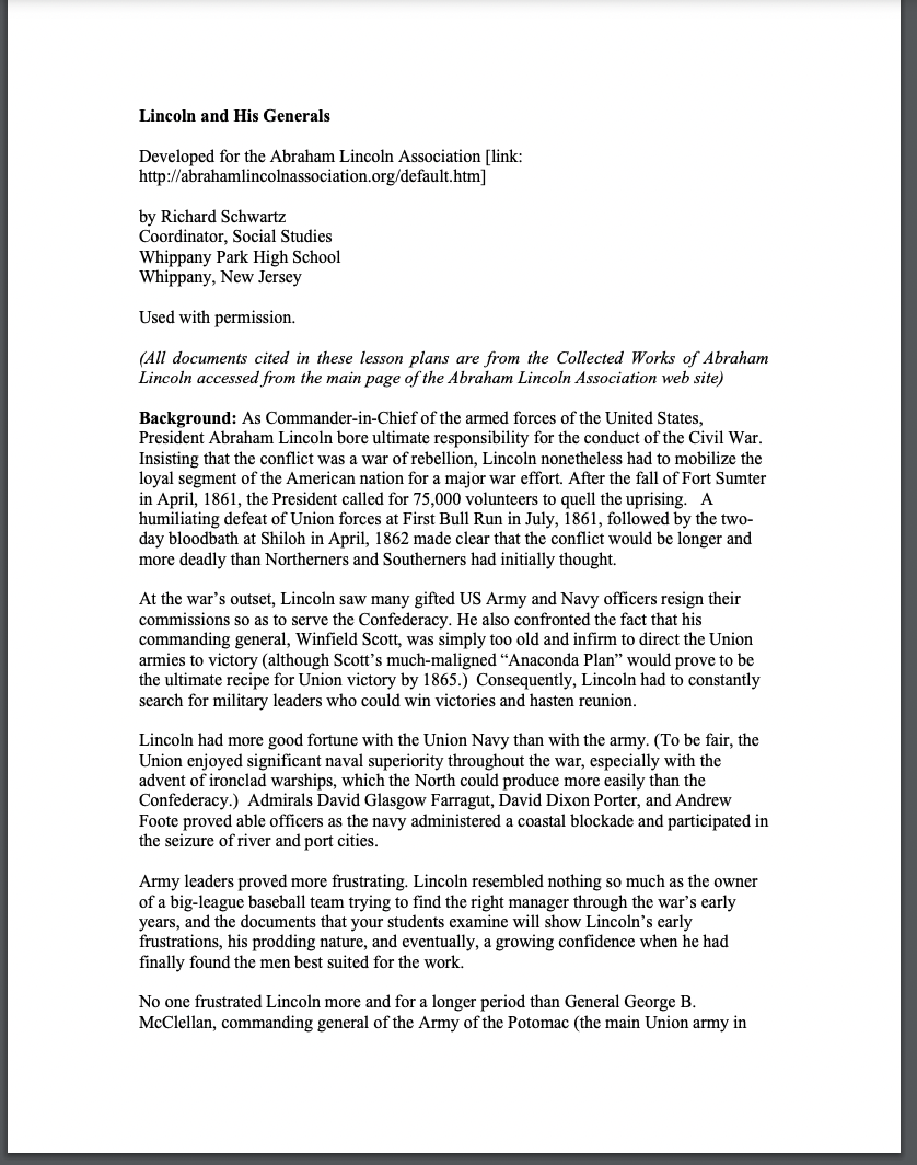 Lincoln and His Generals Lesson Plan