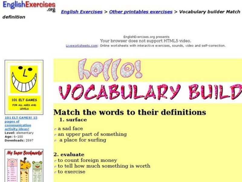 English Exercises: Vocabulary Builder Interactive