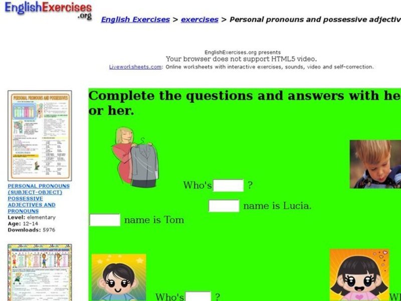 Personal Pronouns and Possessive Adjectives Interactive
