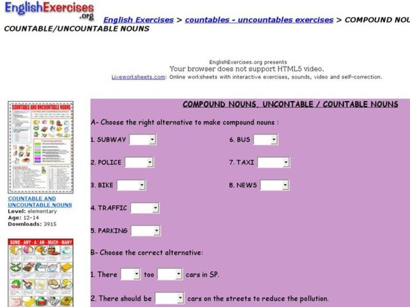 Compound Nouns, Countable / Uncountable Nouns Interactive