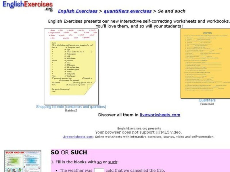 Quantifiers Exercises- So or Such Interactive