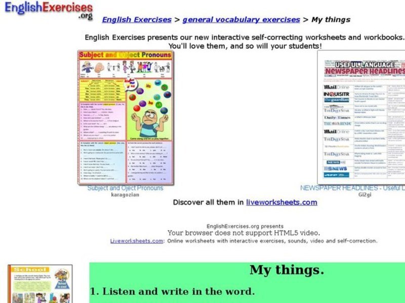 Vocabulary Review of My Things Interactive