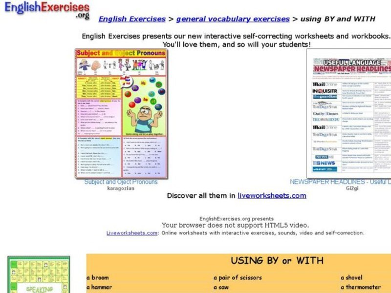 English Exercises: General Vocabulary Exercises - Using By and With Interactive
