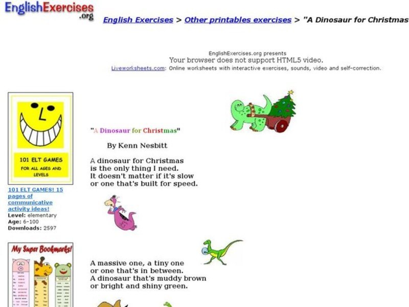 ESL-"A Dinosaur for Christmas" Poem Activity Interactive