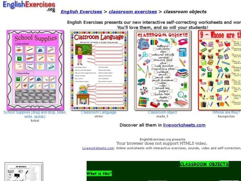ESL: Classroom Objects Vocabulary Interactive