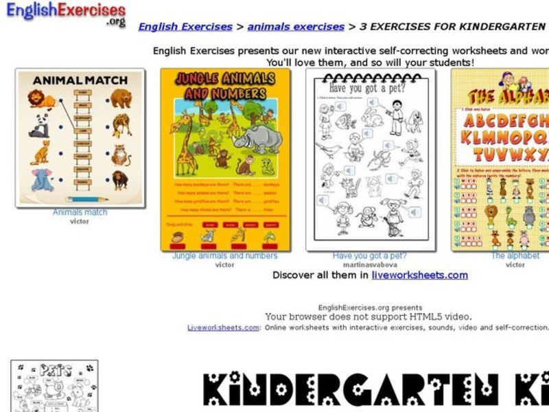 English Exercise: Animals Exercises for Kindergarten Students Interactive
