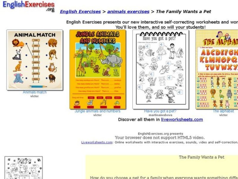 English Exercises: The Family Wants a Pet Interactive