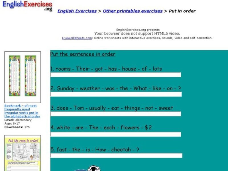 Sentence Order Worksheet Interactive