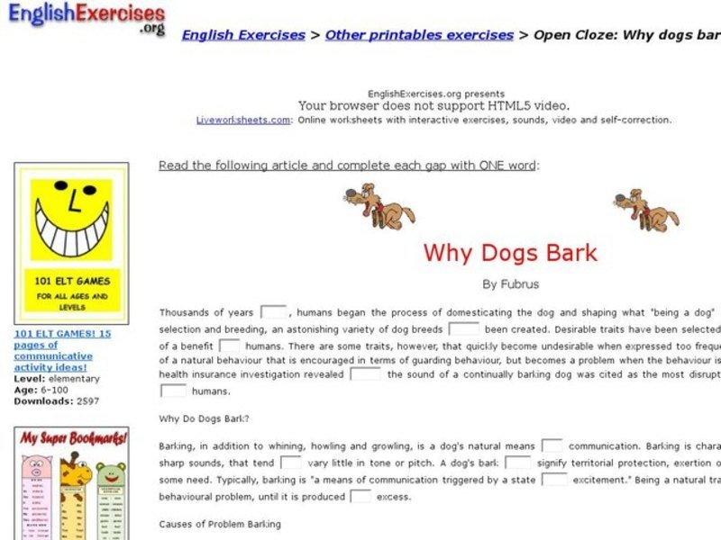 English Exercises: Open Cloze: Why Dogs Bark Interactive