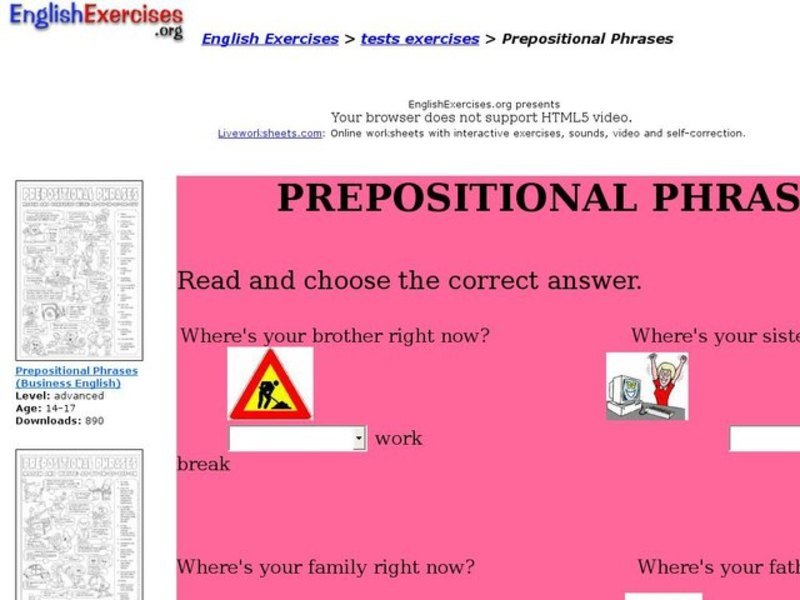 English Exercises: Prepositional Phrase Interactive