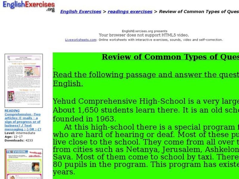 English Exercises : Review of Common Types of Questions Interactive