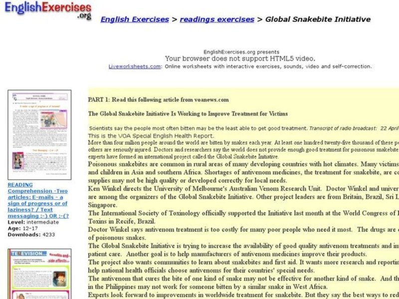 English Exercises: Reading Exercises - Snakebite Initiative Interactive