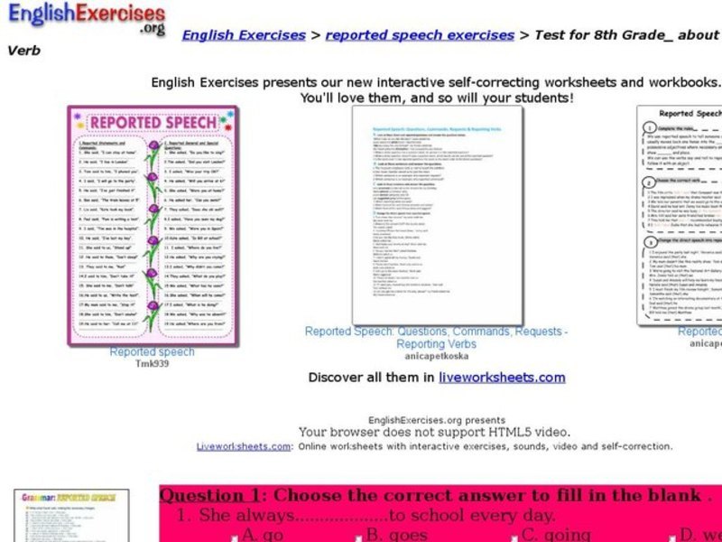 Test for 8th Grade about Reported Speech, Verb Interactive