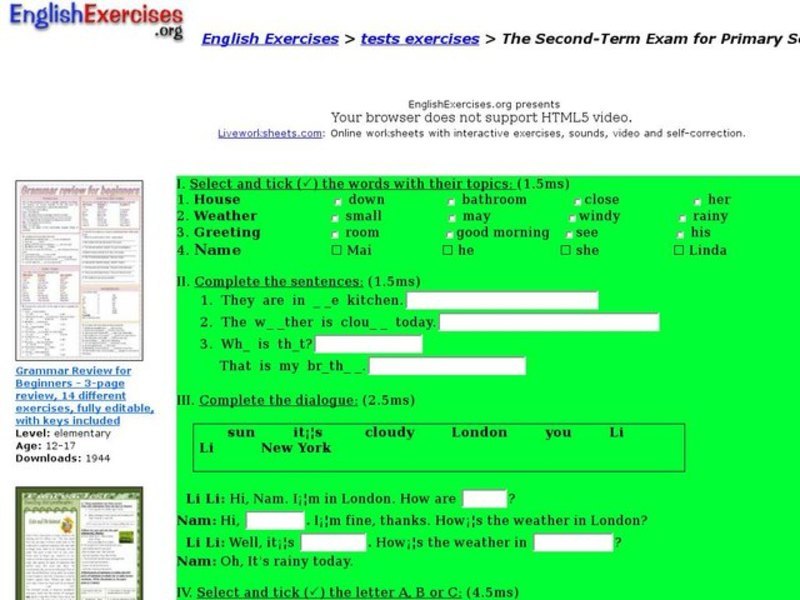 English Exercises: The Second-Term Exam for Primary School Interactive